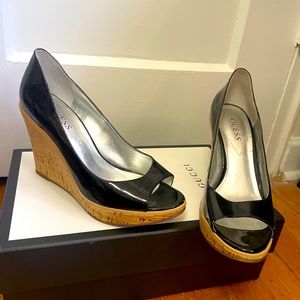 Guess Cork Wedge Black Peep-Toe Heels Size 6